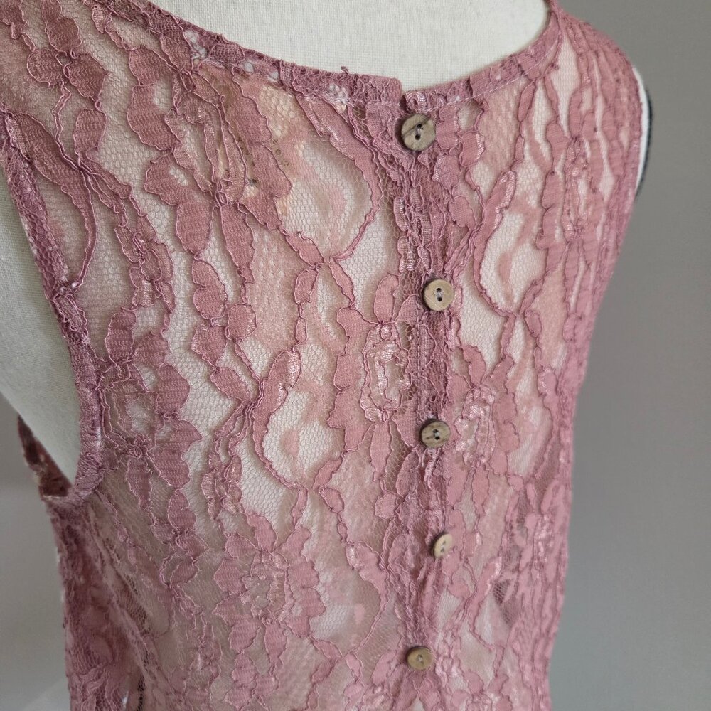 Pink Tank Top Juniors Medium Floral Sleeveless Sheer Lace Back Shirt - Picture 5 of 7
